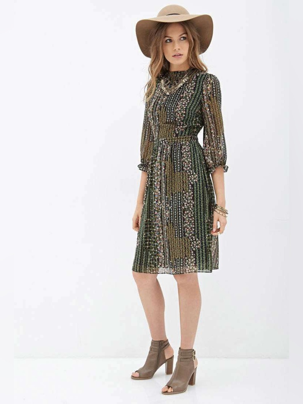 Forever 21 Black Green Floral-Print Midi Dress